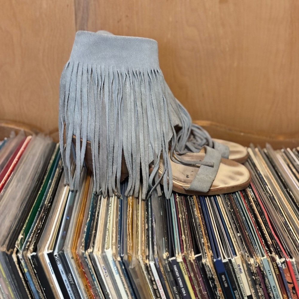 Light Blue Suede Fringe Sandals